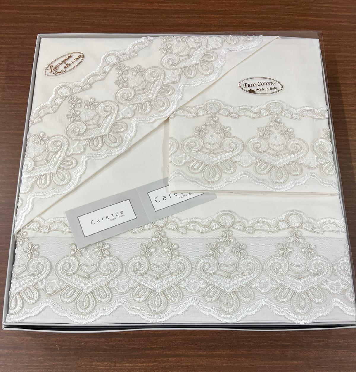 Carezza Completo letto matrimoniale In puro cotone Made in italy Colore Avorio Linea Margherita